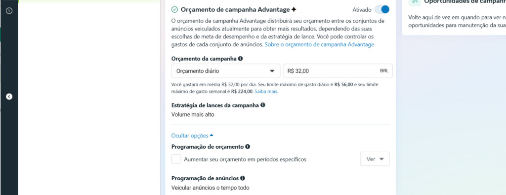 definindo orçamento da campanha de tráfego